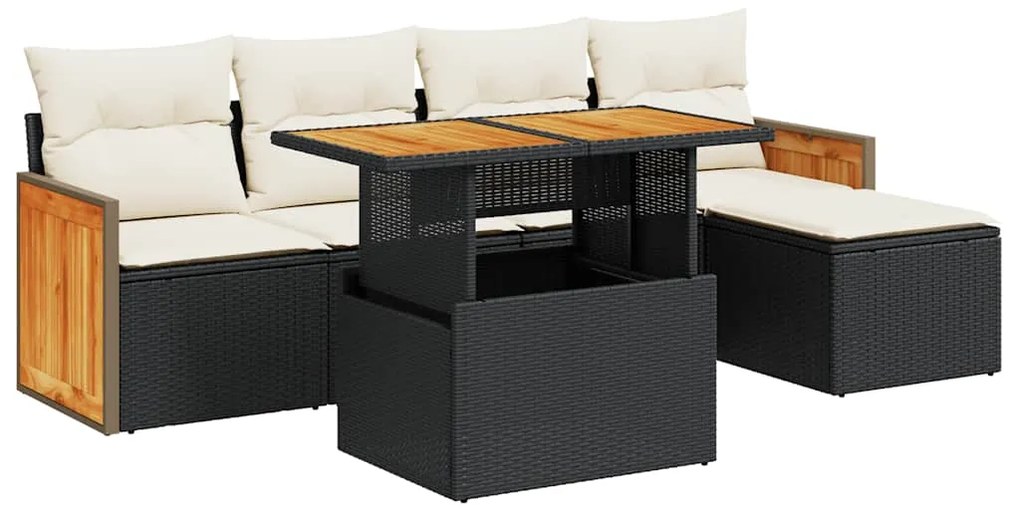 vidaXL Καναπές Κήπου 6 Τεμαχίων Μαύρο Συνθετικό Ρατάν Μαξιλάρια Ακακία