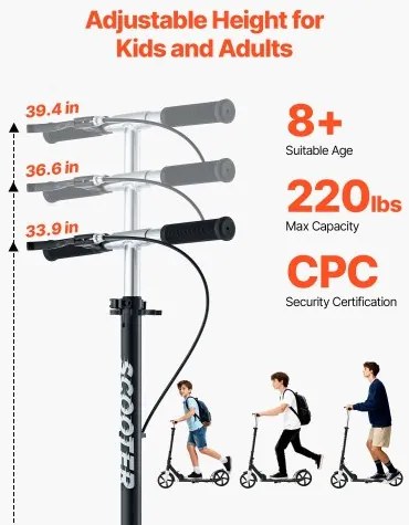 VEVOR Kick Scooter for Kids Ages 8+, Teens &amp; Adults, 2-Wheel Toddler Scooter with Adjustable Height Handlebar, Wide Anti-Slip Deck, Foldable Lightweight for Boys &amp; Girls up to 99.8 kg, Black + Silver