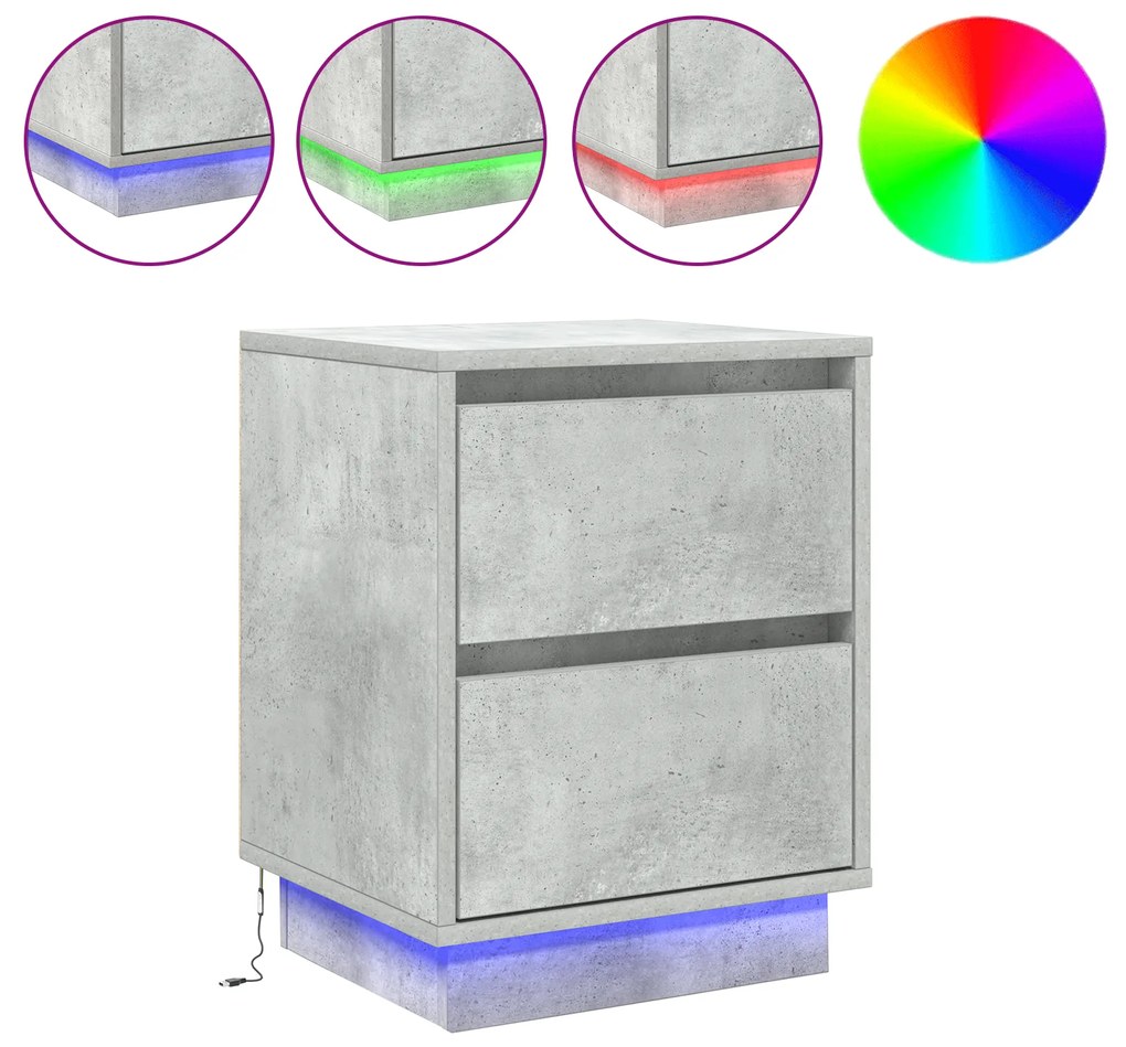 vidaXL Κομοδίνα με LED Φώτα 2 τμχ Γκρι Σκυρόδεμα 39x34.5x50 εκ