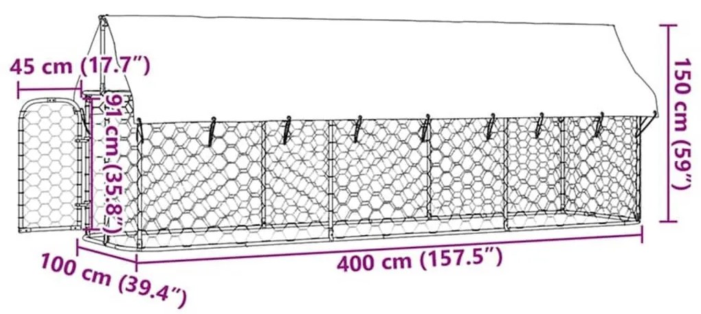 Κλουβί Σκύλου Εξωτερικού Χώρου 400 x 100 x 150 εκ. με Στέγαστρο - Ασήμι