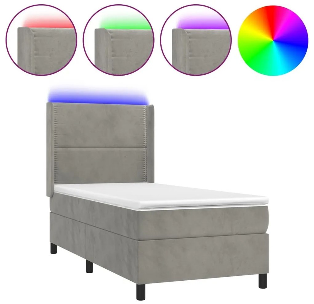 Κρεβάτι Boxspring με Στρώμα &amp; LED Αν.Γκρι 80x200 εκ. Βελούδινο - Γκρι