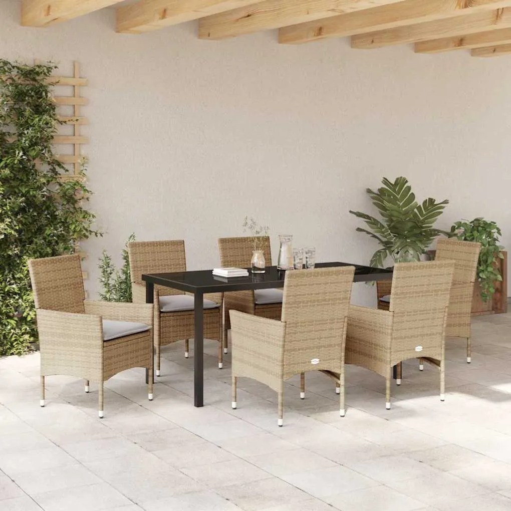 vidaXL Σέτ φαγητού για κήπο με μαξιλάρι 7 pcs Μπεζ Πολυ ράταν