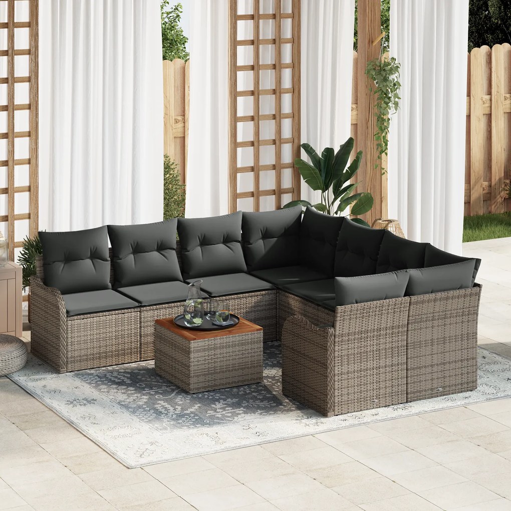 vidaXL Σετ Σοφά Κήπου 9 pcs Γκρι Μεγάλο Ρατάν, Ξύλο