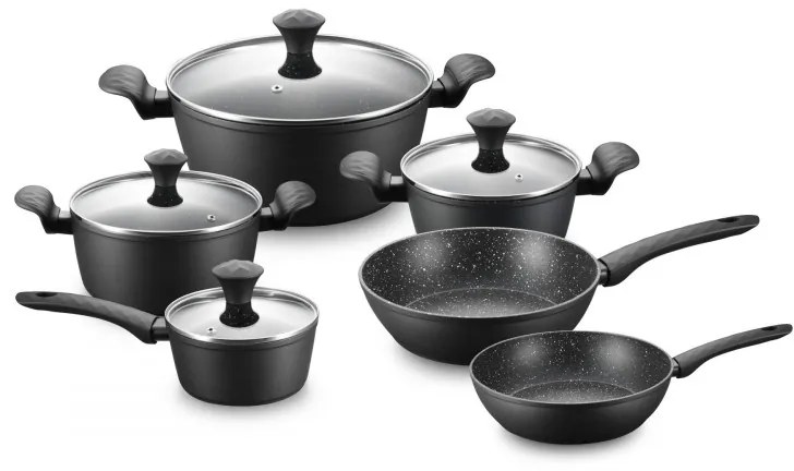Σετ κατσαρολών και τηγανιών Royalty Line FD10, 10 τεμαχίων, Χυτό αλουμίνιο, επίστρωση μαρμάρου Greblon, Επαγωγή, Μαύρο