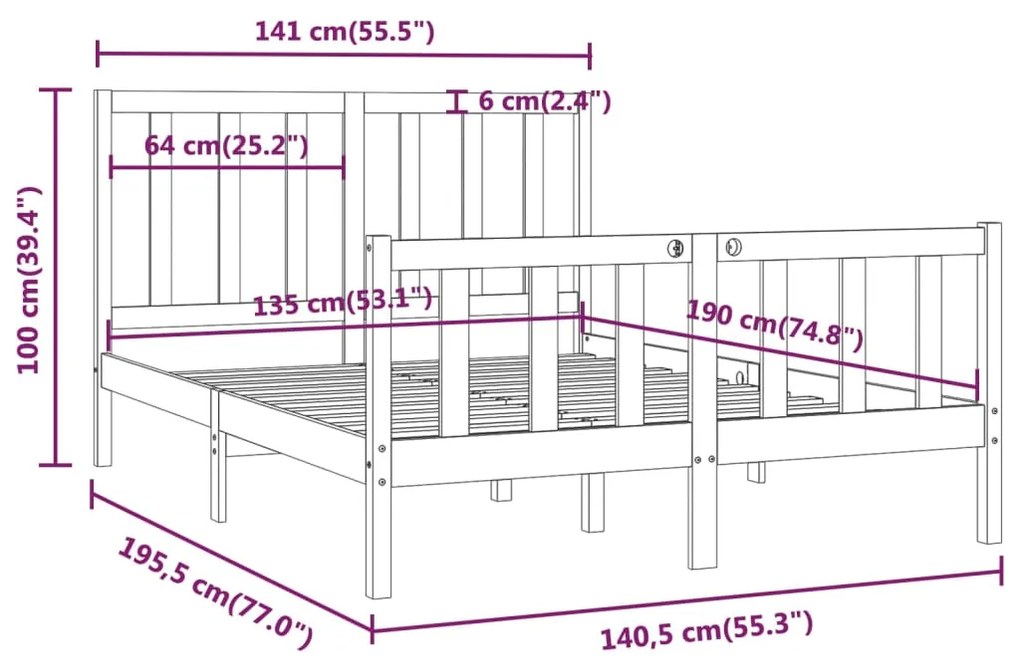 vidaXL Πλαίσιο Κρεβατιού Μαύρο 135x190 εκ. από Μασίφ Ξύλο Double