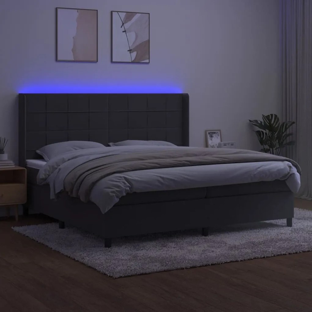 vidaXL Κρεβάτι Boxspring με Στρώμα & LED Σκ. Γκρι 200x200εκ. Βελούδινο