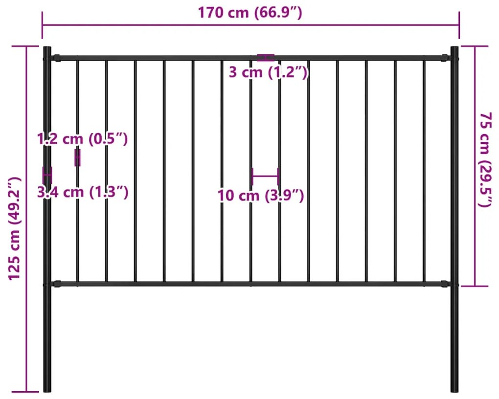 vidaXL Πάνελ Περίφραξης Μαύρο 1,7x0,75 μ. Ατσάλι Ηλεκτρ. Βαφή + Στύλοι