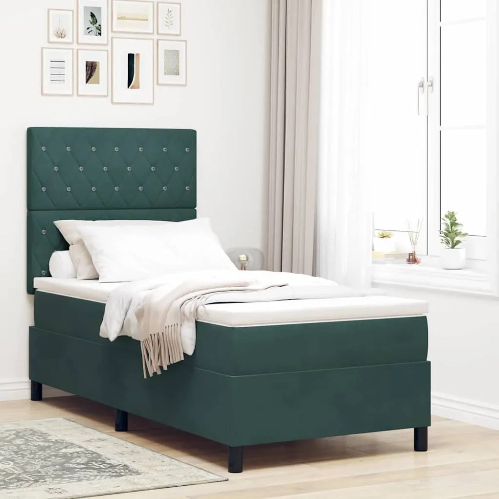 vidaXL Κρεβάτι με ελατήρια Σκούρο πράσινο 90 x 200 cm Βελούδο