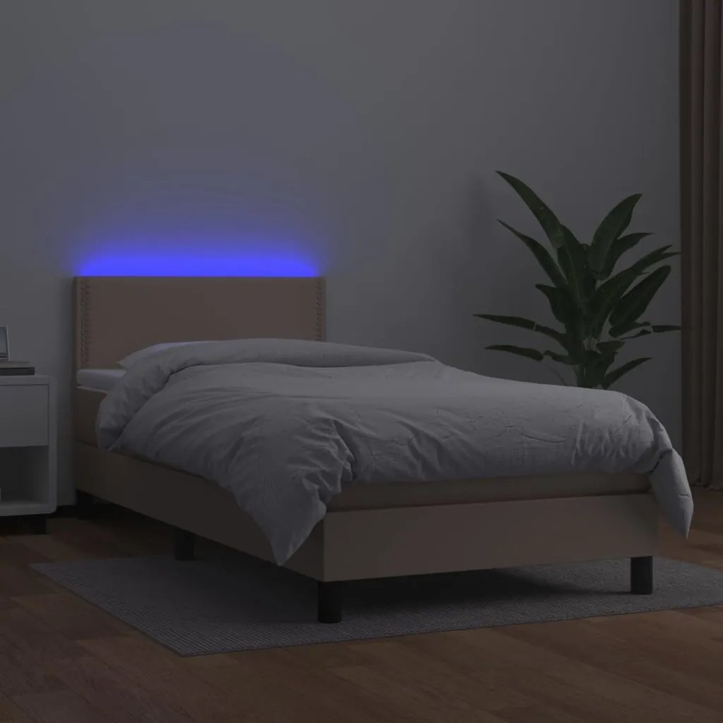 vidaXL Κρεβάτι Boxspring Στρώμα&LED Καπουτσίνο 90x190 εκ. Συνθ. Δέρμα