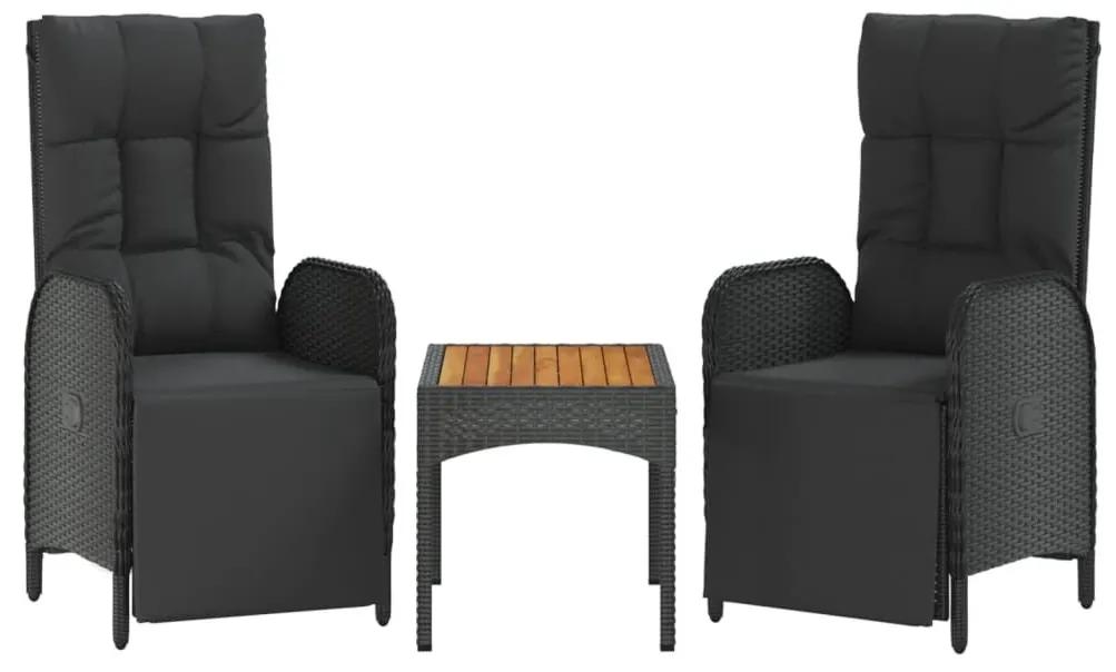 Καρέκλες Ανακλινόμενες 2 Τεμ. με Τραπέζι Μαύρες Συνθετικό Ρατάν - Μαύρο