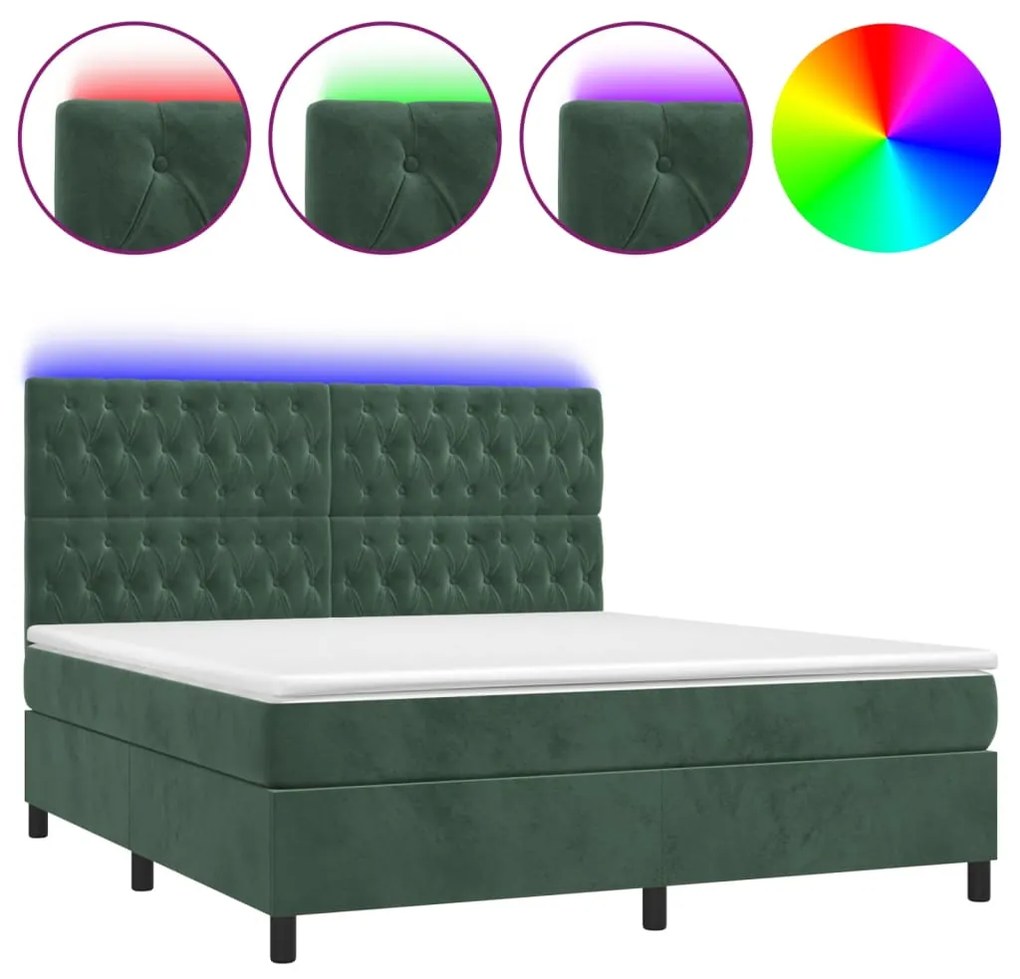 Κρεβάτι Boxspring με Στρώμα &amp; LED Σκ. Πράσινο 160x200εκ Βελούδο - Πράσινο