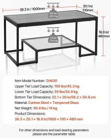 VEVOR Coffee Table, Modern Tempered Glass Coffee Table with Lighting, 2 Tiers Rectangle Glass Center Desk with Open Storage, Minimalist Metal Accent End Desk for Living Room, Office, Easy Assembly
