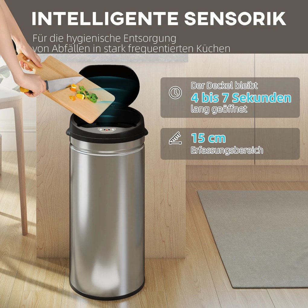 HOMCOM Κάδος Αισθητήρα 42 λίτρων με Λειτουργία Soft-Close, Ανεπαφικός Κάδος από Ανοξείδωτο Ατσάλι για Υγιεινούς Κουζίνες
