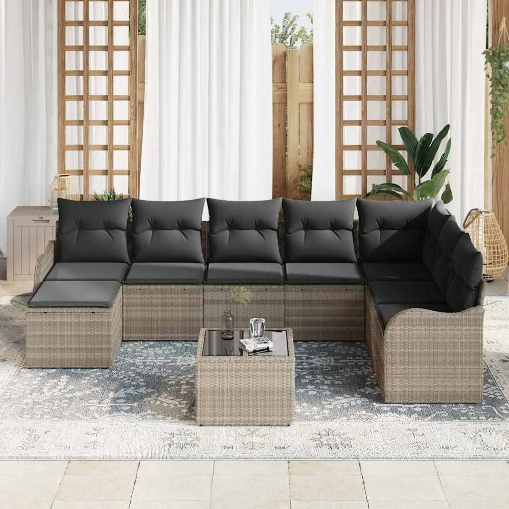 vidaXL Σετ Καναπέ Κήπου με μαξιλάρι 9 pcs Ανοιχτό γκρι Πολυ ράταν