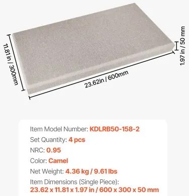 VEVOR 4 PCS Acoustic Wall Panels 2 in Thick 23.6 x 11.8 in Self-adhesive Camel