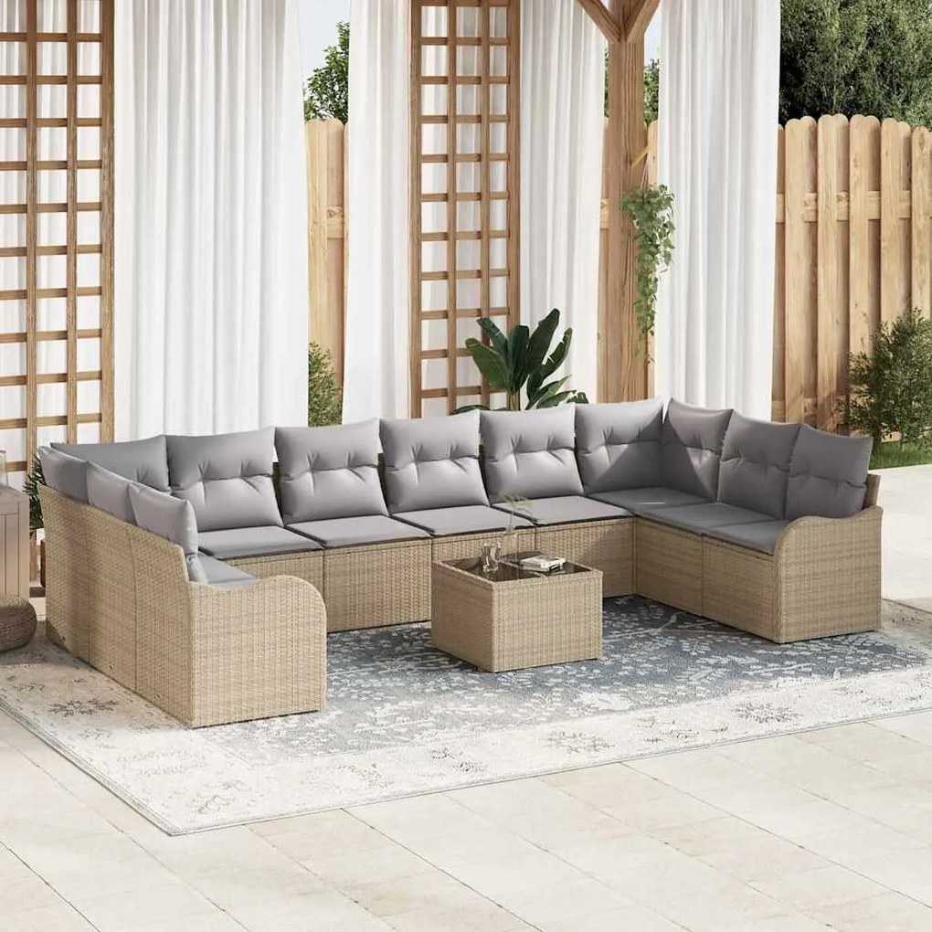 vidaXL Σετ Καναπέ Κήπου με μαξιλάρι 11 pcs Μπεζ Πολυ ράταν