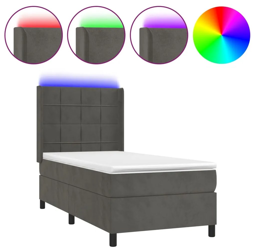 Κρεβάτι Boxspring με Στρώμα &amp; LED Σκ. Γκρι 80x200 εκ. Βελούδινο - Γκρι