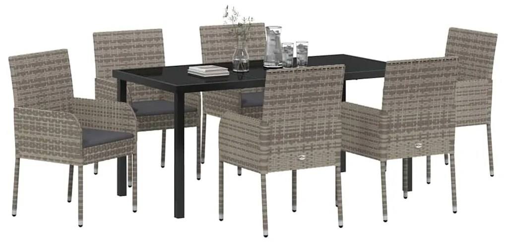 vidaXL Σέτ φαγητού για κήπο με μαξιλάρι 7 pcs Γκρι Πολυ ράταν