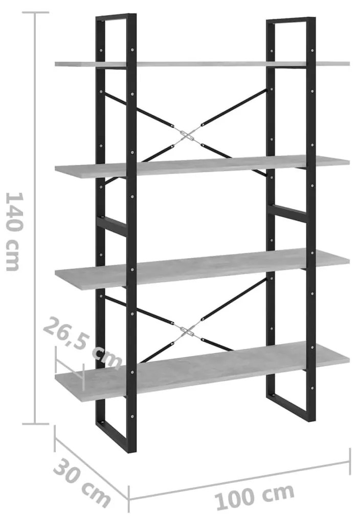 Βιβλιοθήκη με 4 Ράφια Γκρι Σκυροδέμ. 100x30x140 εκ. Επεξ. Ξύλο - Γκρι