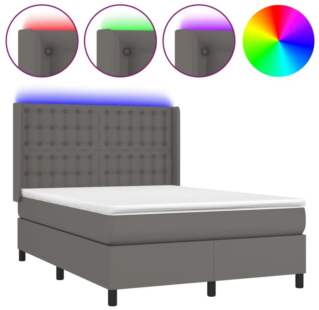 vidaXL Κρεβάτι Boxspring με Στρώμα &amp; LED Γκρι 140x200 εκ. Συνθ. Δέρμα