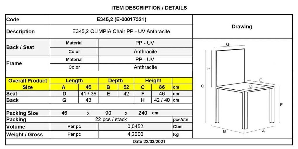 Καρέκλα Olimpia Πλαστική Ανθρακί 46x52x86cm