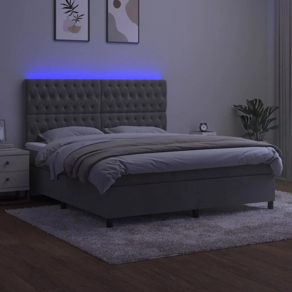 vidaXL Κρεβάτι Boxspring με Στρώμα & LED Αν.Γκρι 180x200 εκ. Βελούδινο