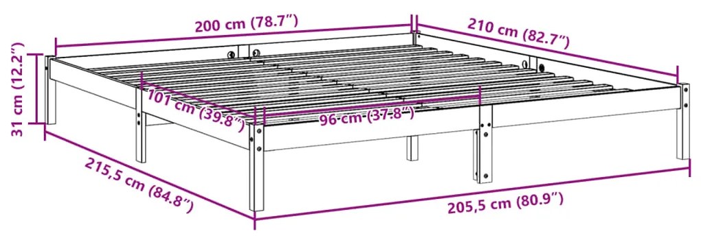 Πλαίσιο Κρεβατιού Μακρύ Χωρίς Στρώμα 200x210 εκ Μασίφ Πεύκο - Καφέ