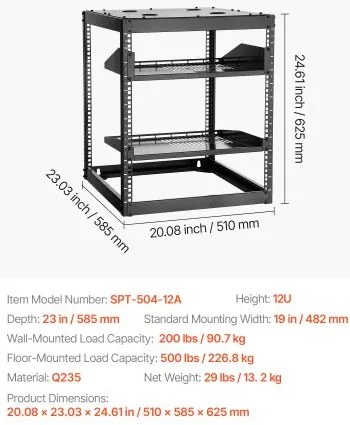 VEVOR 12U Open Frame Network Rack, 585 mm Depth, Wall Mounted or Floor Standing Server Rack, Heavy Duty 4 Post, with Vented Shelves &amp; Mounting Hardware, Holds All Your Networking IT Equipment AV Gear