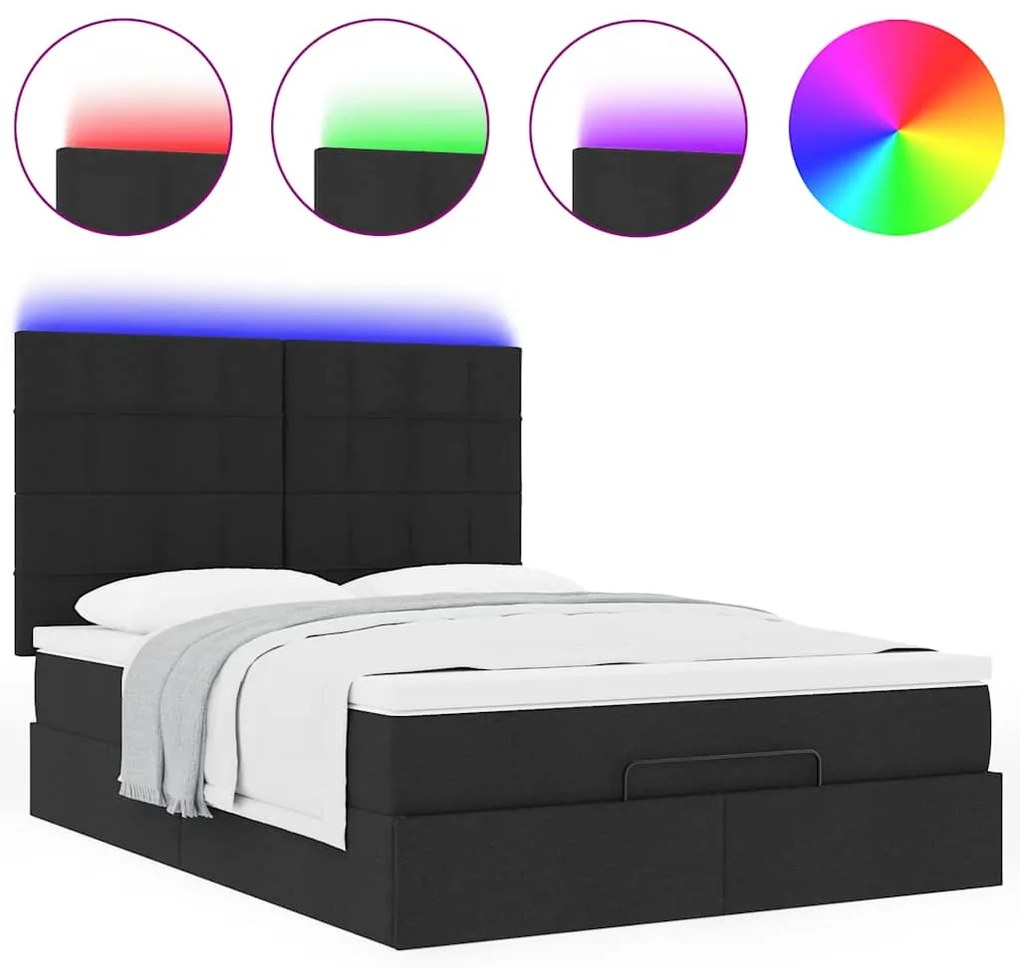 vidaXL Οθωμανικό κρεβάτι με στρώμα & LEDs Μαύρο 140x190 cm Ύφασμα