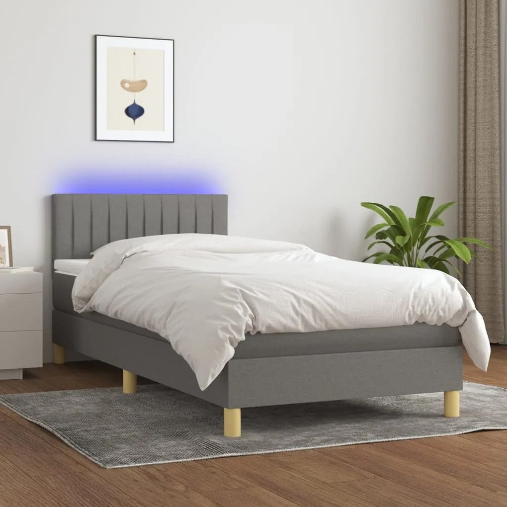 Κρεβάτι Boxspring με Στρώμα & LED Σκ.Γκρι 90x200 εκ. Υφασμάτινο