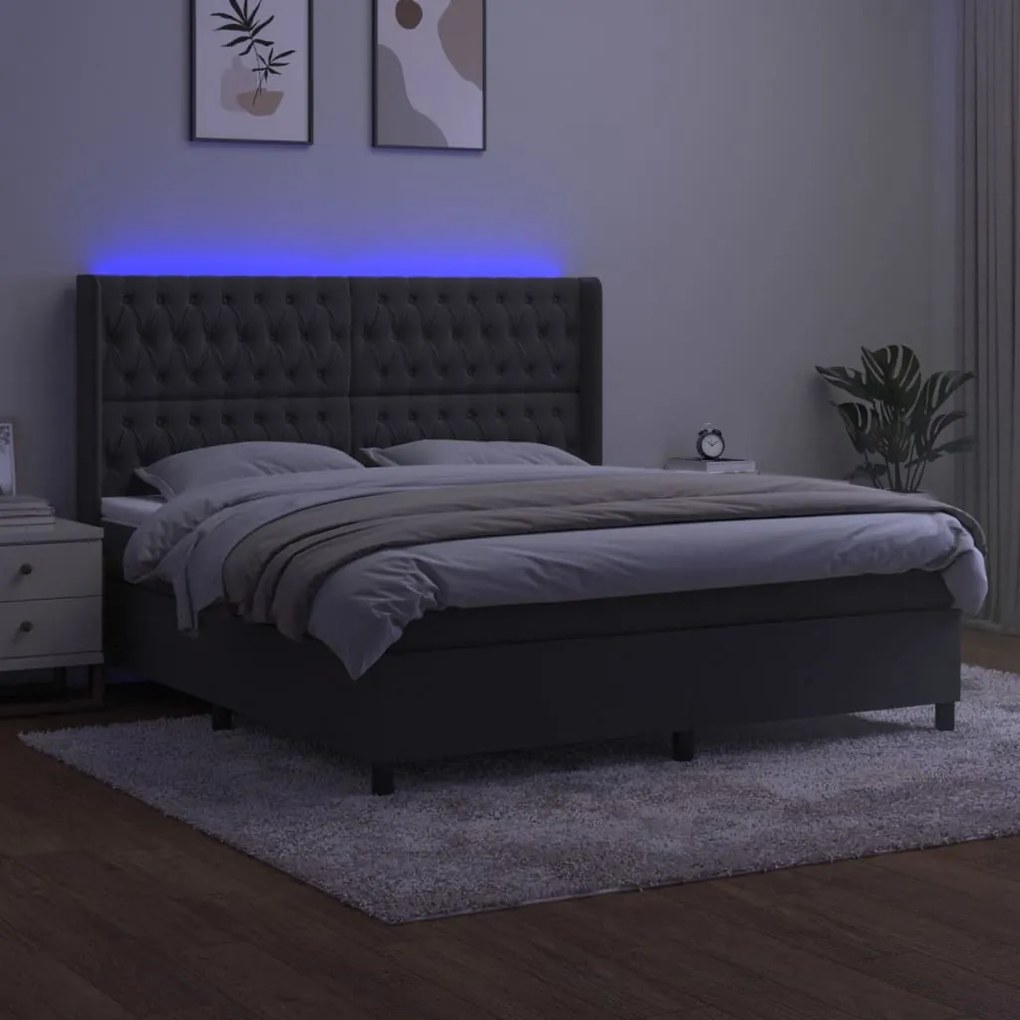 vidaXL Κρεβάτι Boxspring με Στρώμα & LED Σκ. Γκρι 160x200εκ. Βελούδινο