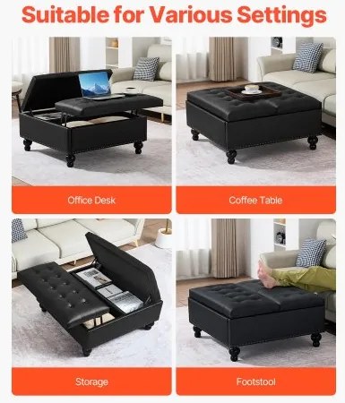 VEVOR 34 in Square Leather Ottoman with Storage Coffee Table for Living Room