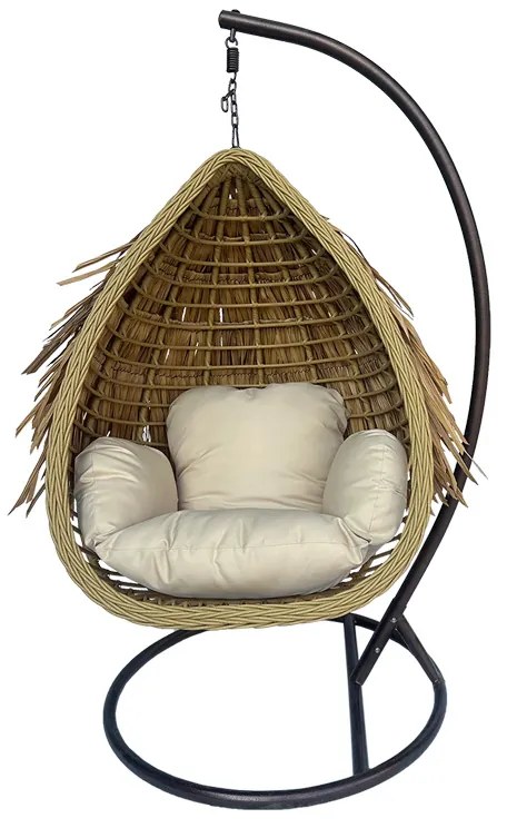 Κούνια φωλιά με βάση Varur  μέταλλο καφέ - pe rattan σε μπεζ απόχρωση 120x105x195εκ
