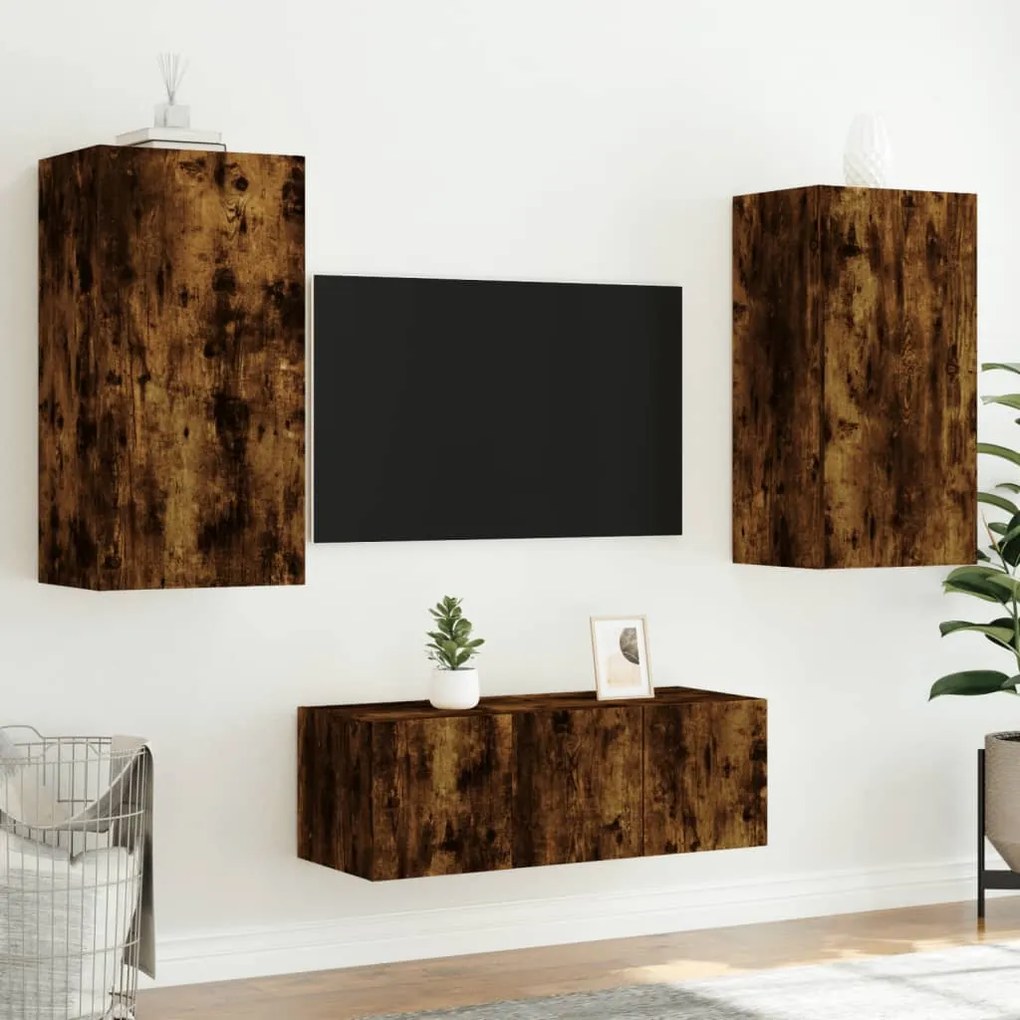 vidaXL Έπιπλα Τοίχου Τηλεόρασης 4 τεμ LED Καπνιστή Δρυς από Επεξ. Ξύλο