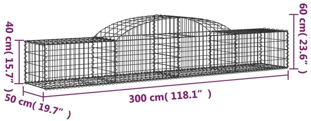 Συρματοκιβώτια Τοξωτά 3 τεμ. 300x50x40/60 εκ. Γαλβαν. Ατσάλι - Ασήμι