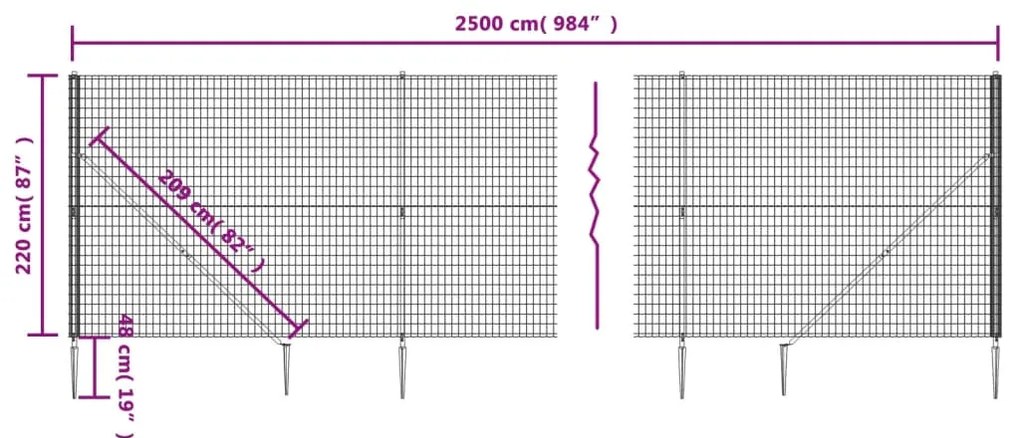 vidaXL Συρματόπλεγμα Περίφραξης Ανθρακί 2,2 x 25 μ. με Καρφωτές Βάσεις