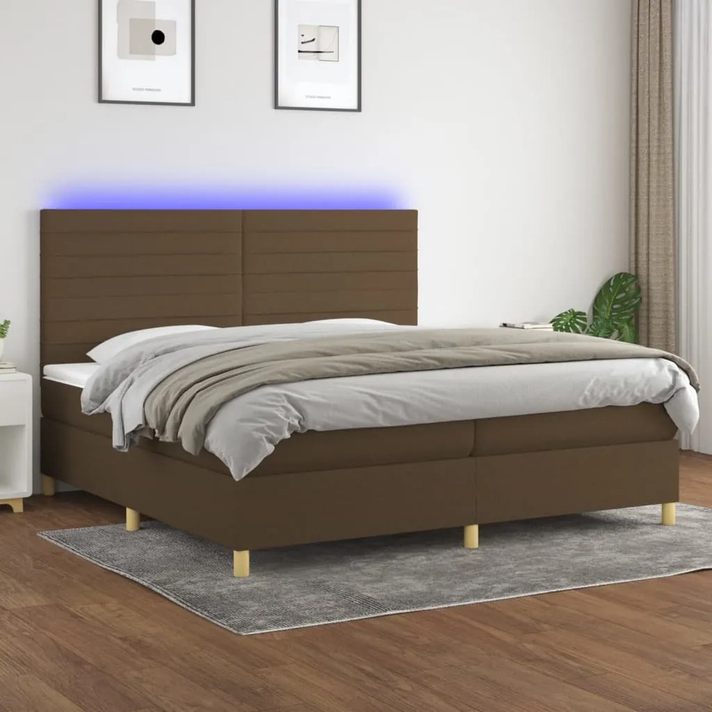 vidaXL Κρεβάτι Boxspring με Στρώμα & LED Σκ.Καφέ 200x200εκ. Υφασμάτινο