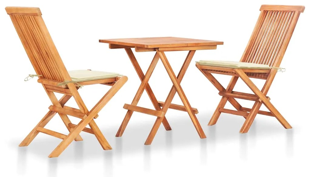 vidaXL Σετ Επίπλων Mπιστρό 3 τεμ. Μασίφ Ξύλο Teak με Κρεμ Μαξιλάρια