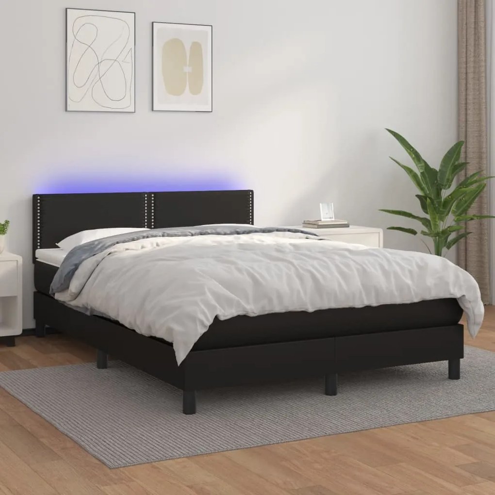 Κρεβάτι Boxspring με Στρώμα &amp; LED Μαύρο 140x190 εκ. Συνθ. Δέρμα