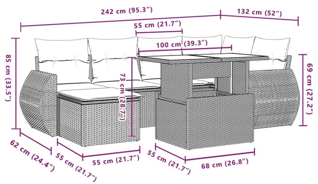 Σετ Σαλονιού Κήπου 7 τεμ. Γκρι Συνθετικό Ρατάν με Μαξιλάρια - Γκρι