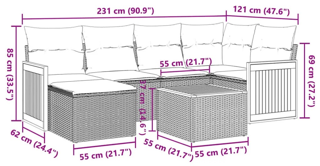 vidaXL Καναπές Σετ 7 Τεμαχίων Μαύρο Συνθετικό Ρατάν με Μαξιλάρια