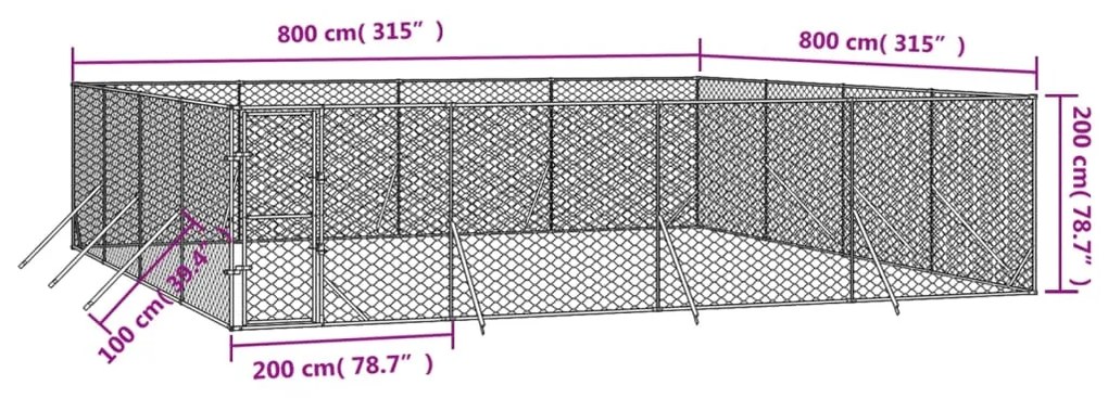 vidaXL Κλουβί Σκύλου Εξωτερ. Χώρου Ασημί 8x8x2 μ. από Γαλβαν. Ατσάλι