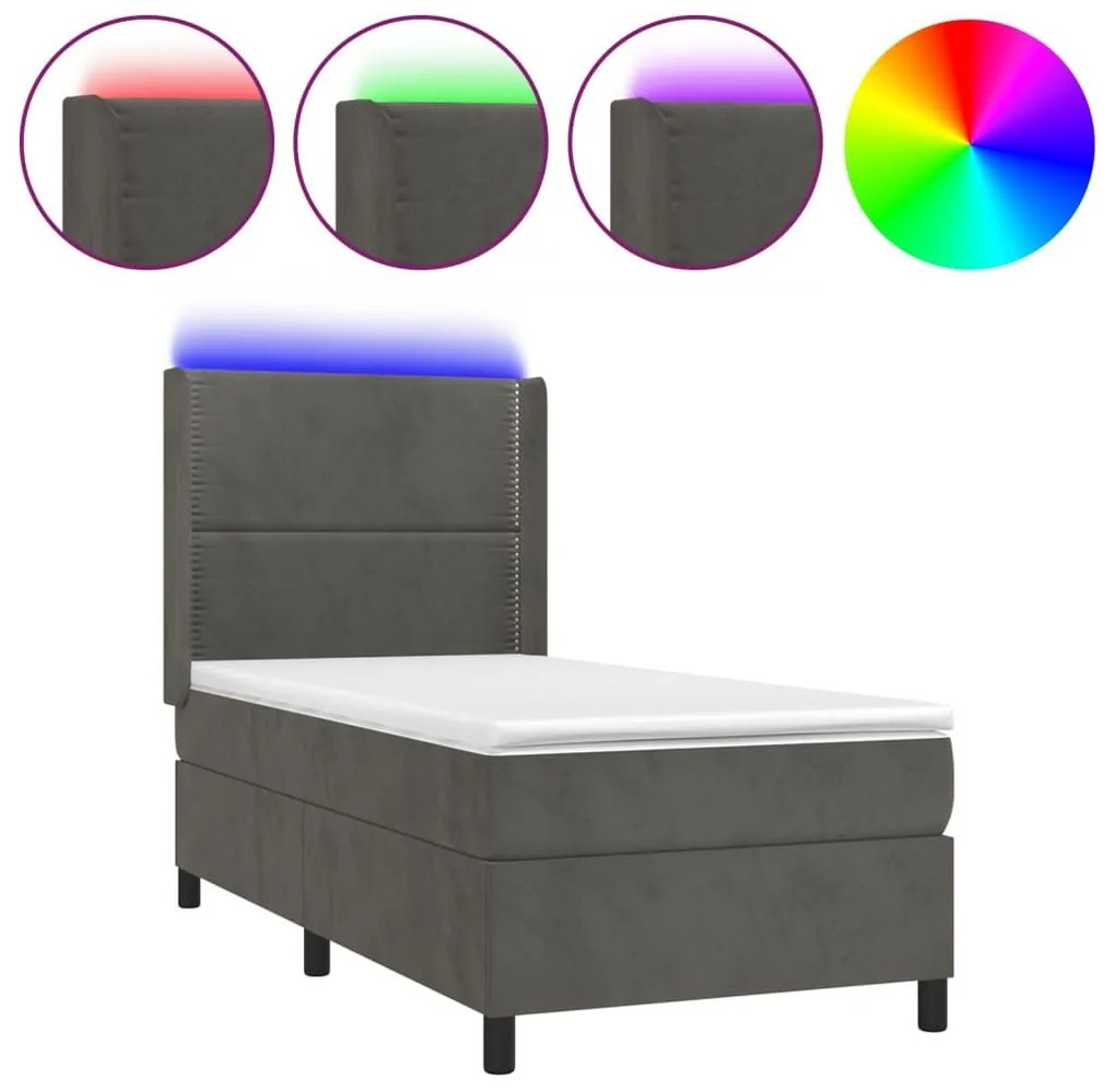 Κρεβάτι Boxspring με Στρώμα &amp; LED Σκ. Γκρι 100x200εκ. Βελούδινο - Γκρι