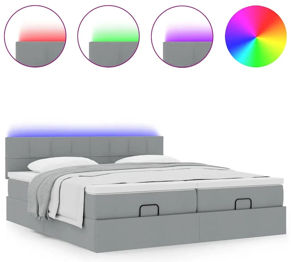 vidaXL Οθωμανικό κρεβάτι με στρώματα & LEDs Ανοιχτό γκρι ύφασμα