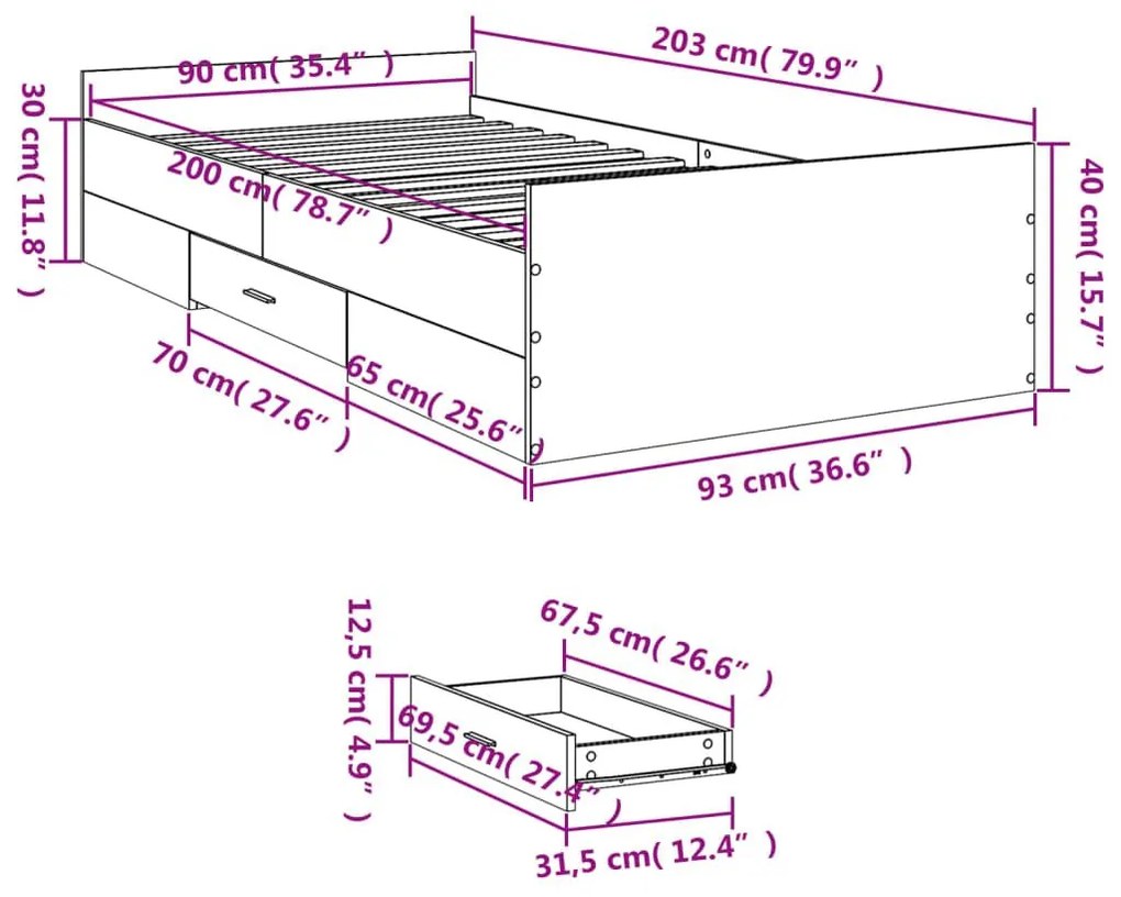 Πλαίσιο Κρεβατιού με συρτάρια Μαύρο 90x200 εκ. Επεξεργ. Ξύλο - Μαύρο