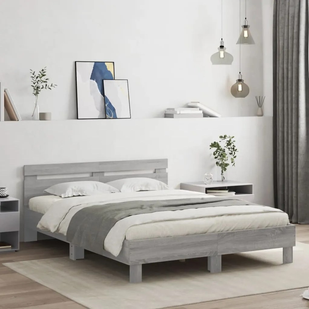 vidaXL Πλαίσιο Κρεβατιού με Κεφαλάρι Γκρι Sonoma 140x200εκ. Επεξ. Ξύλο