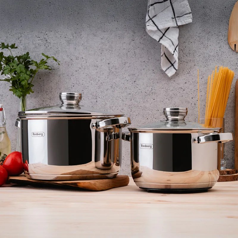Σετ κατσαρόλες και τηγάνια Rosberg R51210L12BM, 12 τεμάχια, Πολυστρωματικός πυθμένας, Ανοξείδωτο, Ασημί