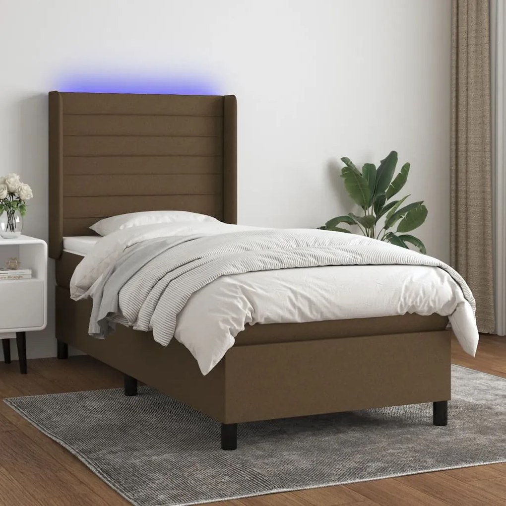 vidaXL Κρεβάτι Boxspring με Στρώμα & LED Σκ.Καφέ 90x190 εκ. Υφασμάτινο