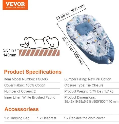 VEVOR Baby Lounger 100% Cotton Newborn Nest Sleeper with Headrest and 2 Covers