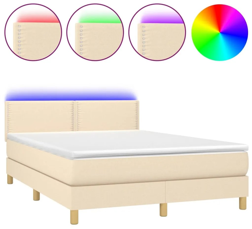 vidaXL Κρεβάτι Boxspring με Στρώμα & LED Κρεμ 140x200 εκ. Υφασμάτινο